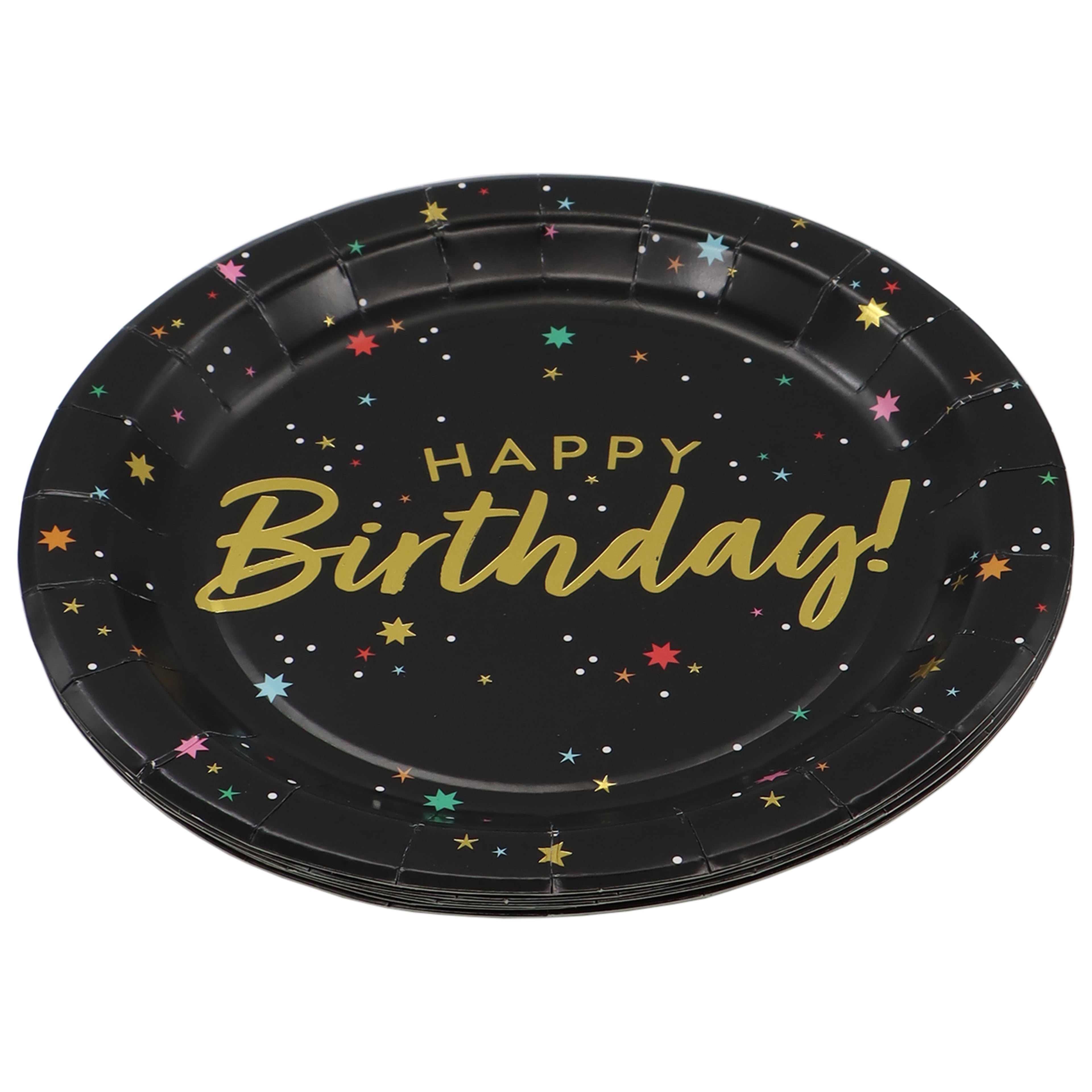Celebrate It Happy Birthday Paper Plates, Starry Night with Gold Foil Script, Black/Gold, 9", 12 Pack (96 Total)