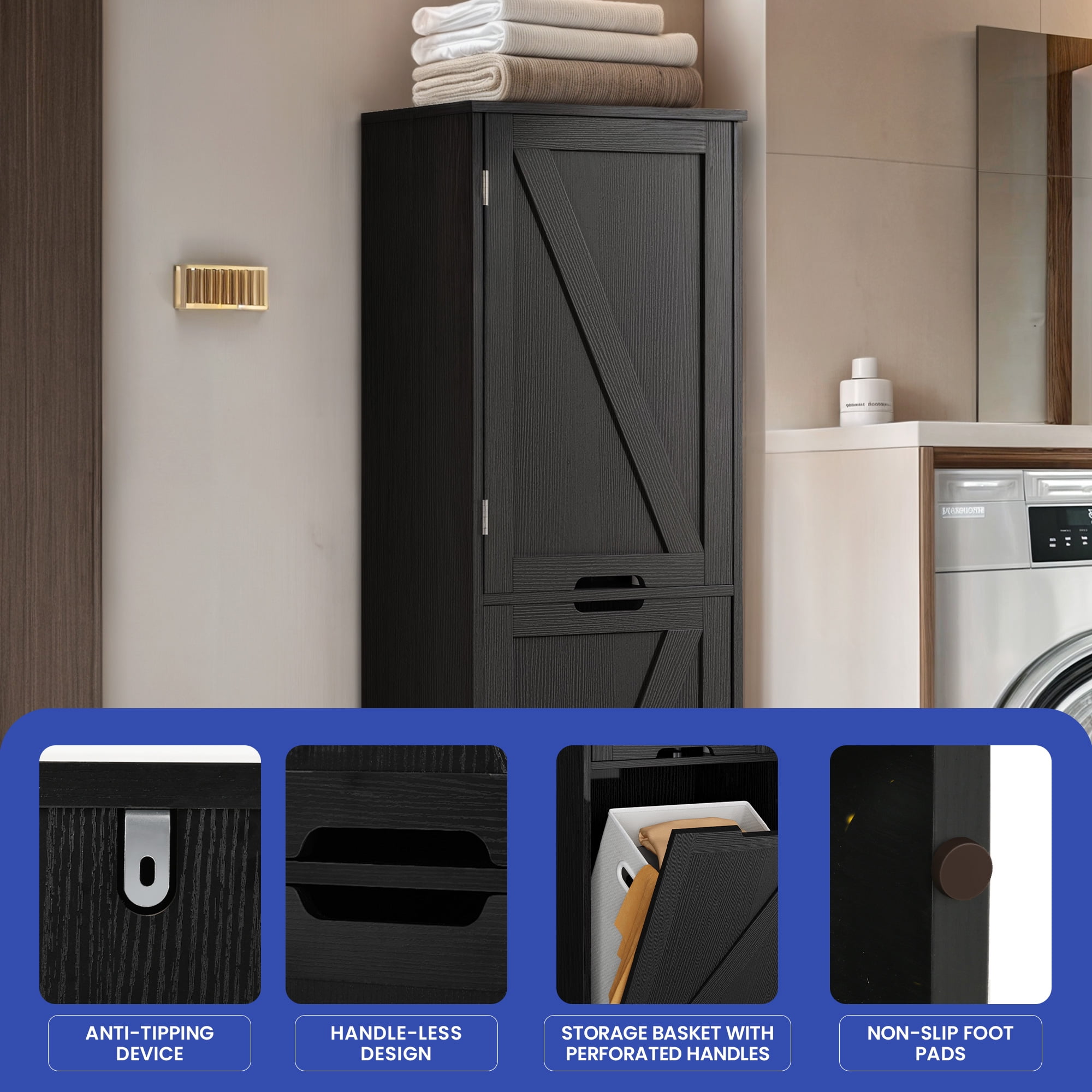 ModFusion Laundry Cabinet Tilt Out Laundry Hamper with Removable Laundry Basket and 3 Shleves,Black
