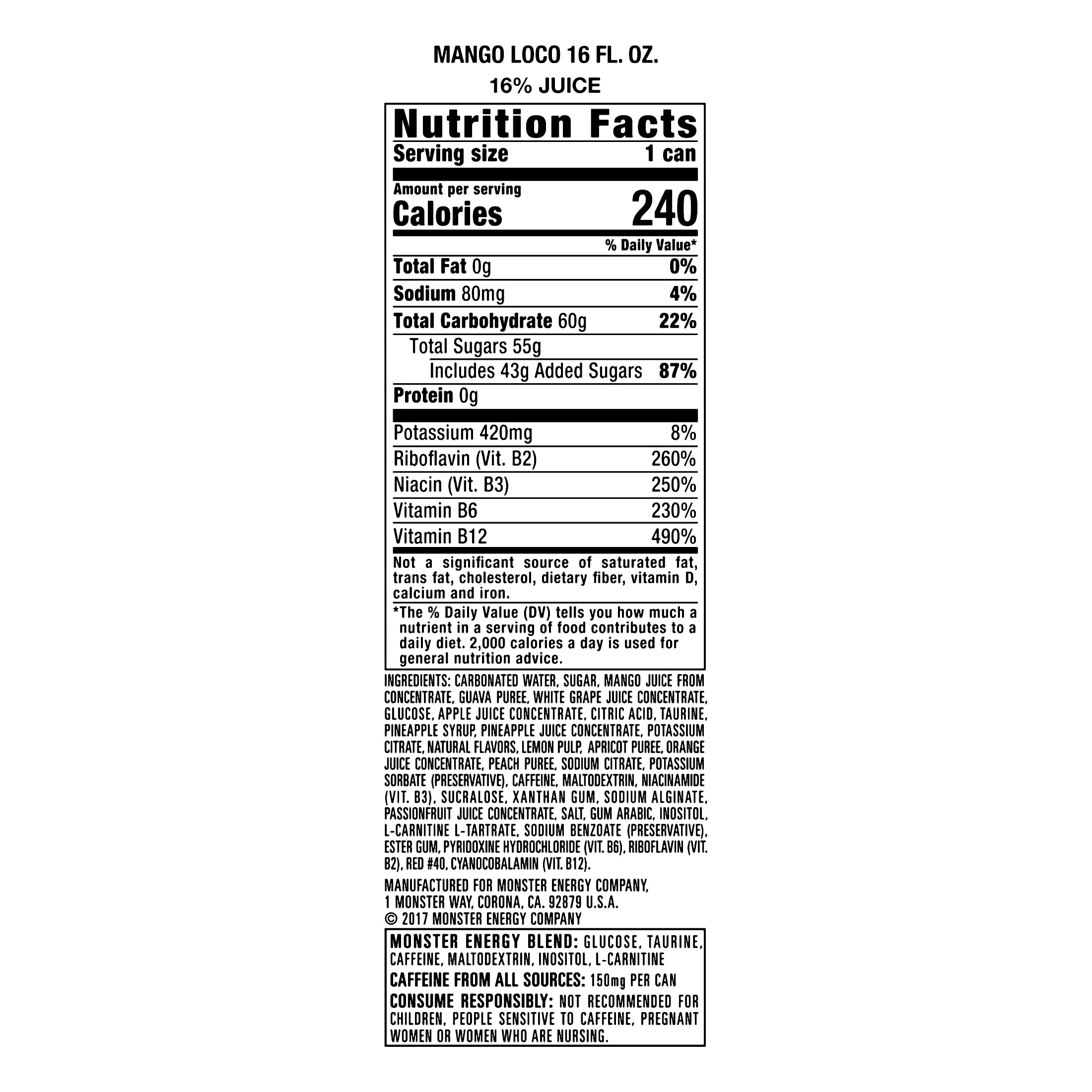 Monster Energy Juice Monster Mango Loco, Energy + Juice, Energy Drink, 16 Ounce (Pack of 15)