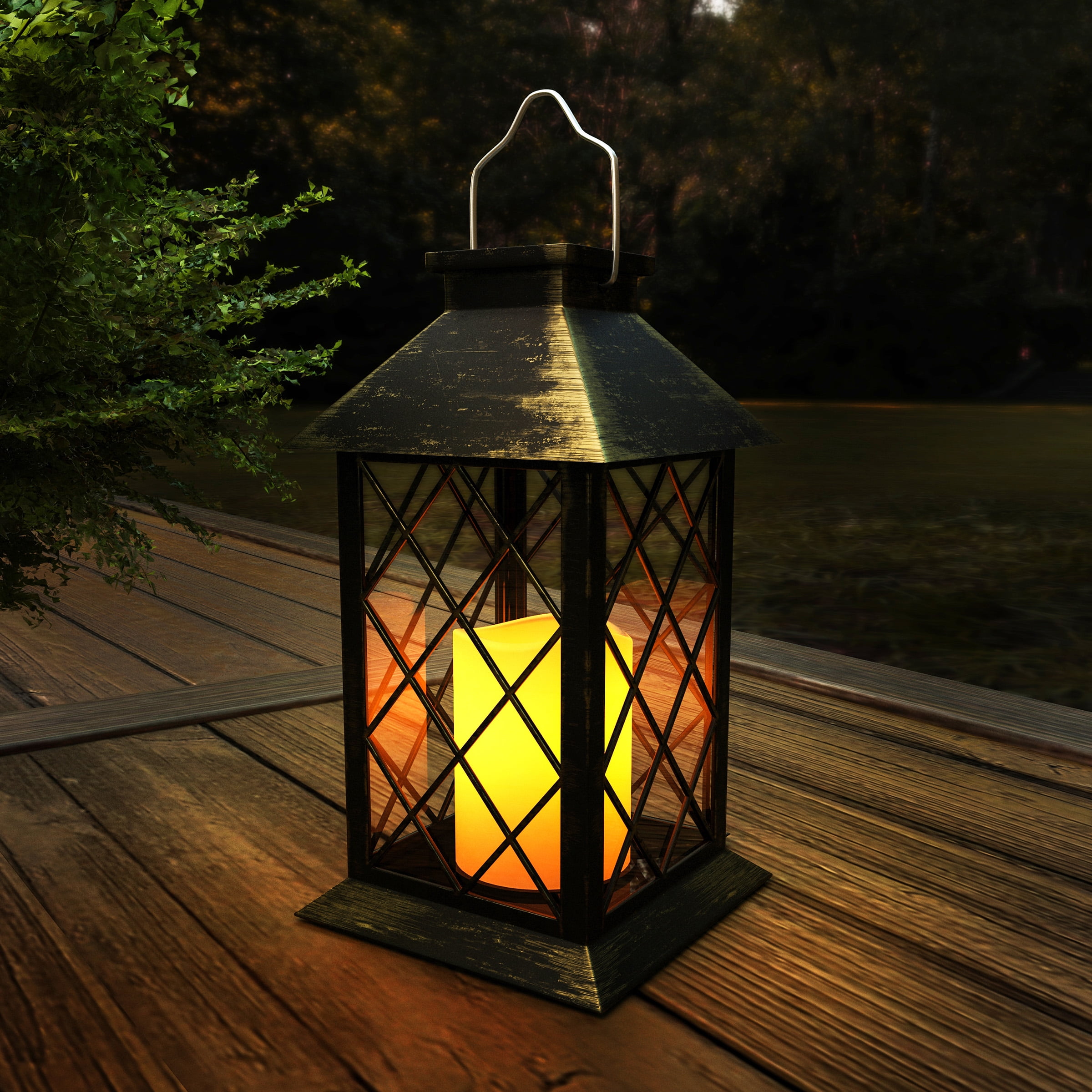 Solar LED Lantern with Candle Lamp Garden Light Wicker Basket Look 