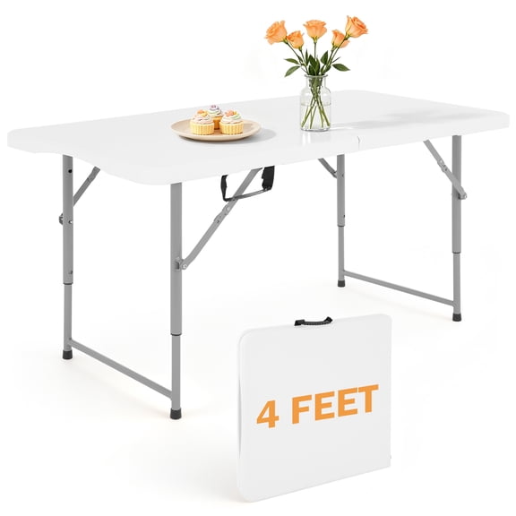 XF XINFENG 4ft Folding Table, Height Adjustable Heavy Duty Plastic Table with Handle – Portable for Camping, BBQ, Party, Home & Outdoor, White