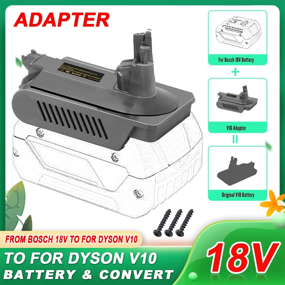 1 Pack Battery Adapter for Bos*ch 18V Battery to Power Dy*son V10 SV12 Series Vacuum, Adapter Only