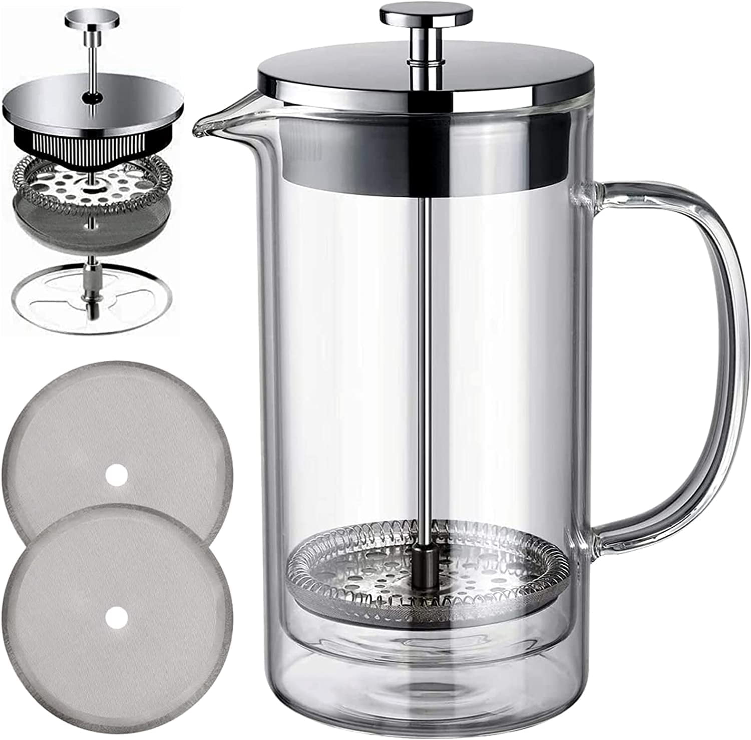 Cafeteira Francesa YMMIND - 975ml, Aço Inox 304, 4 Filtros, Vidro Borossilicato