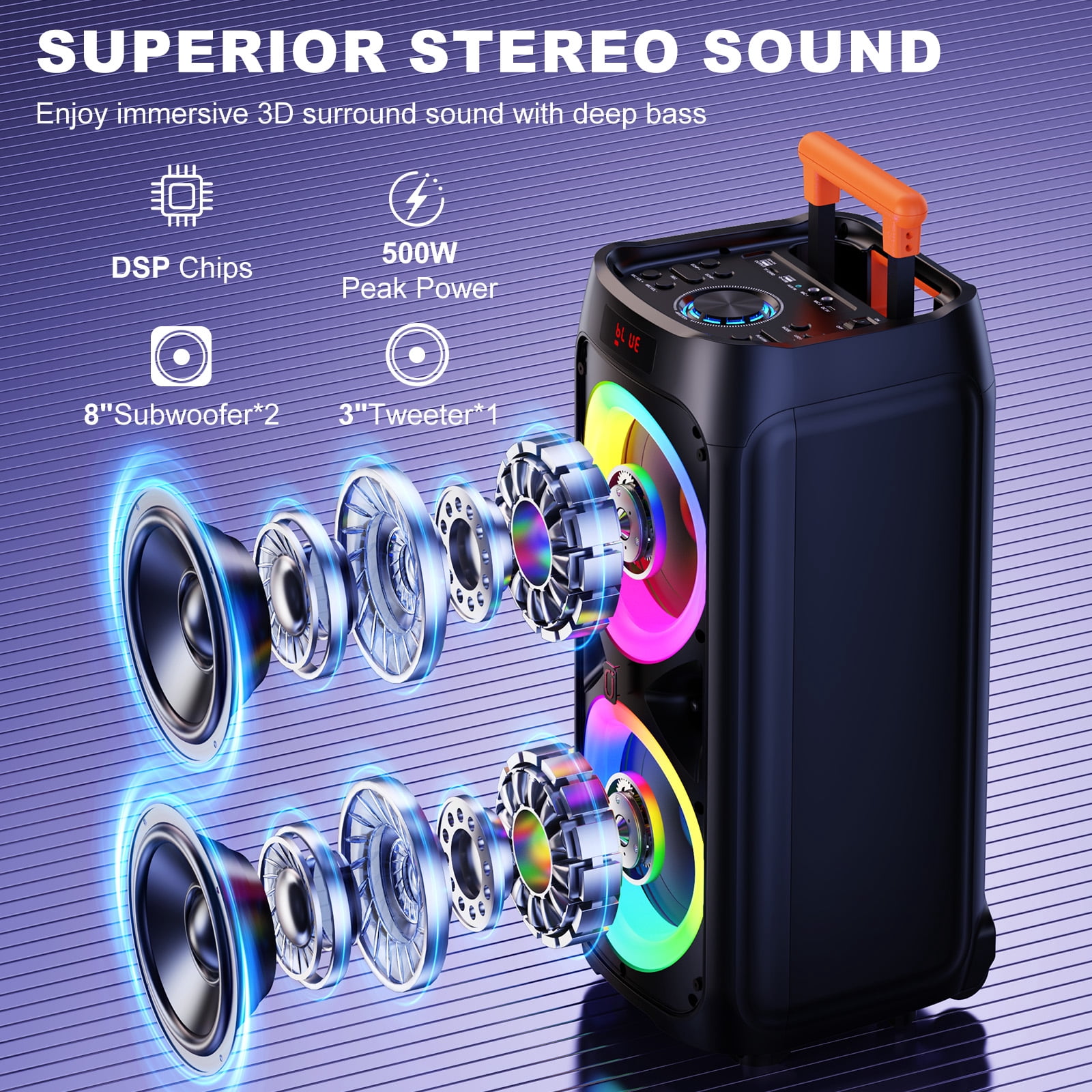 JYX Large Bluetooth Speaker, Portable Big Party Speaker with Wheels, Trolley Bar, DJ Light, Deep Bass Stereo System with 2 Wireless Mics and Remote, T9