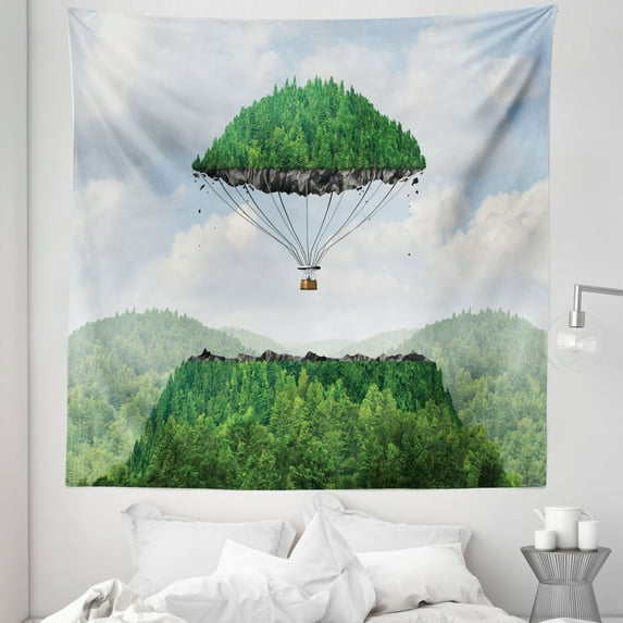 Green Tapestry, Detached Top of Mountain Floating up to Sky As a Hot Air Balloon Imaginative Art, Fabric Wall Hanging Decor for Bedroom Living Room Dorm, 5 Sizes, Green, by Ambesonne