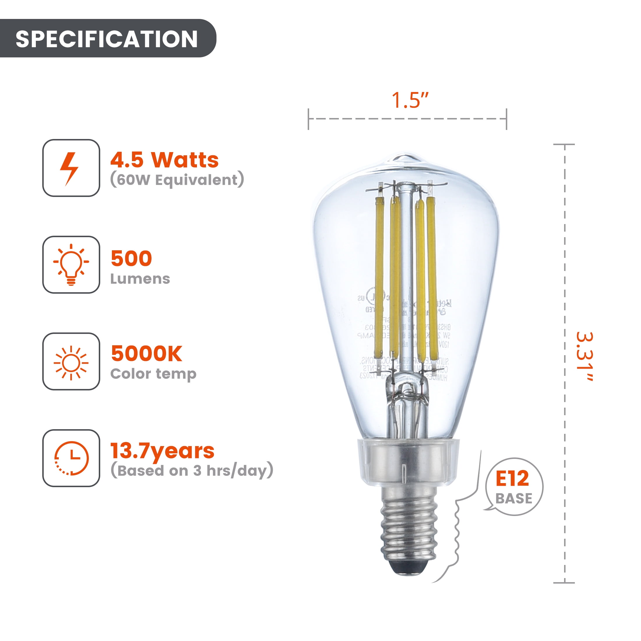 Better Homes & Gardens ST12 LED Light Bulb, 4.5-Watt (60W Equiv.) Daylight Dimmable E12 Base, 2PK