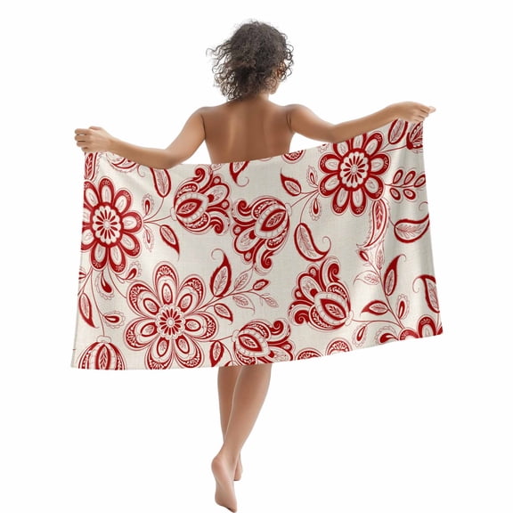 Beach Towel Red Paisley Floral Bath Pool Towels Retro Bohemian Flowers Absorbent Beach Towel Soft Large Quick Dry Lightweight Camping Travel Sports Yoga Gym Swim Towels for Adult 35x70 Inch