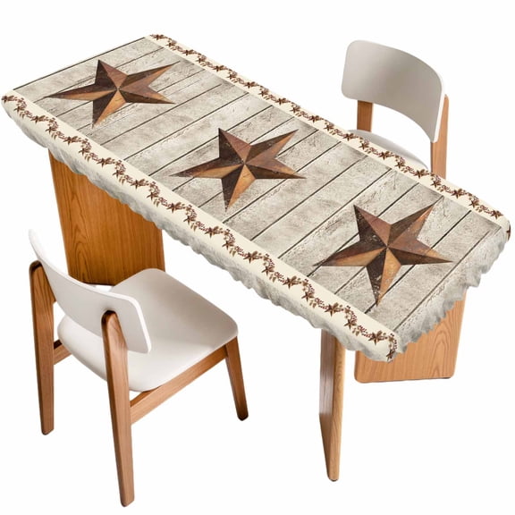 Western Texas Star Retro Table Cloths for 8 Foot Rectangle Tables, Country Farmhouse Gray Wood Grain Patio Waterproof Elastic Fitted Tablecloths, Washable Rectangular Table Cover for Camping