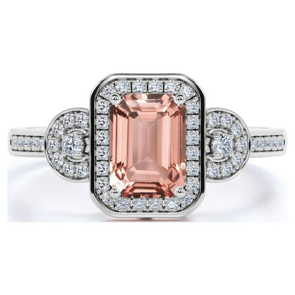 JeenMata Limited Time Sale 1.75 Carat Emerald cut created morganite and Moissanite Bridal Engagement Ring in 18k Gold Over Silver