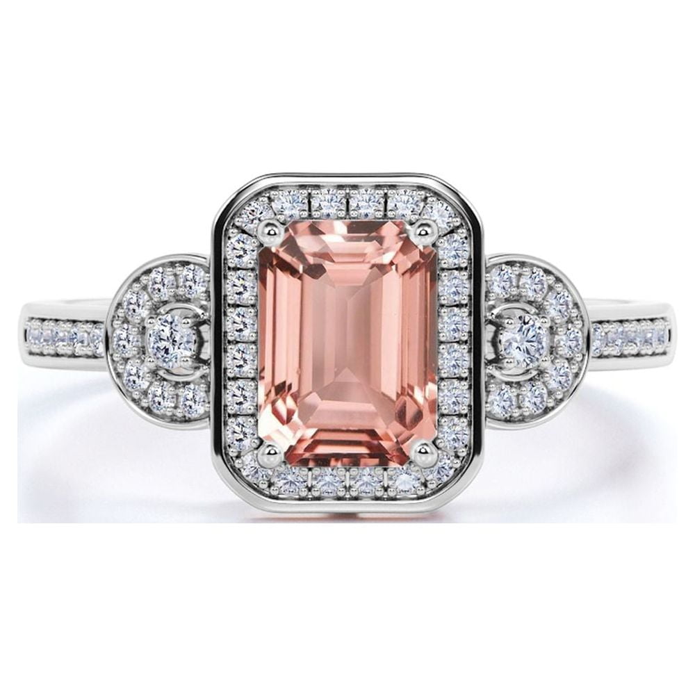 JeenMata Limited Time Sale 1.75 Carat Emerald cut created morganite and Moissanite Bridal Engagement Ring in 18k Gold Over Silver
