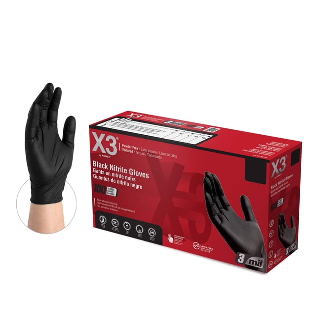 Guantes industriales desechables X3 de nitrilo negro, 3 mm, caja de 100