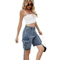 thumbnail image 5 of Jeans Cargo Pants Women Vintage Shorts Multiple Pockets Mid Waist Washed Distressed Knee Length Streetwear Short Denims Trousers, 5 of 8