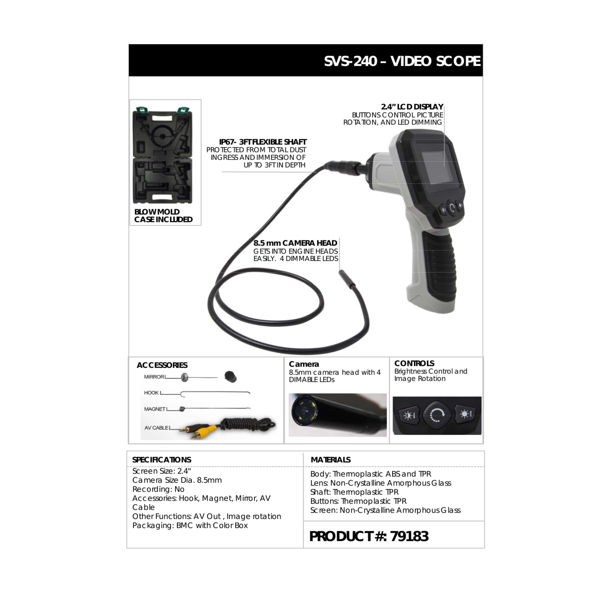 STEELMAN PRO 79183 SVS-240 Video Inspection Digital Borescope, 8.5mm Diameter Camera