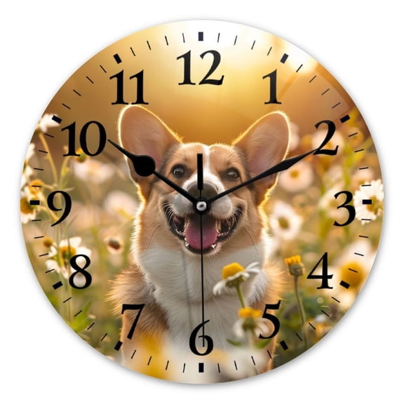 Battery Operated Decor Clocks Non-Ticking Silent Clocks Personalized Wall Clock with Photo for Bathroom,Office,Living Room-Cute Corgi Smiles While Sitting In Field Of Daisies(10inch)