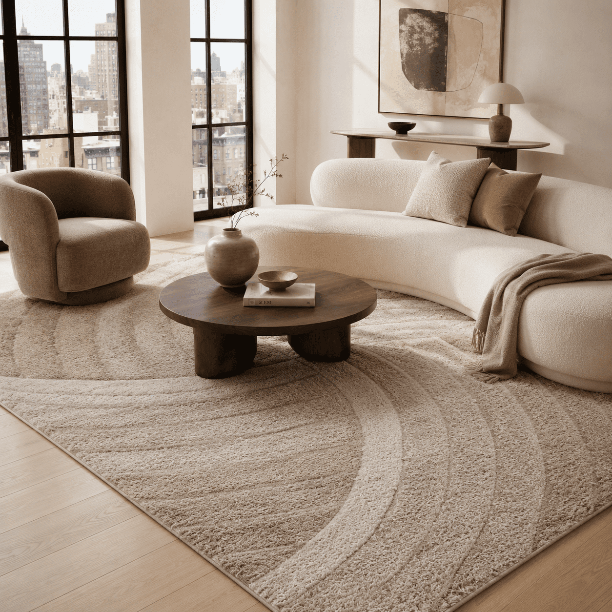 Well Woven Tilly Biege Geometric Stripes Thick Soft Plush 3D Textured Shag Area Rug 5x7 (5'3" x 7'3")