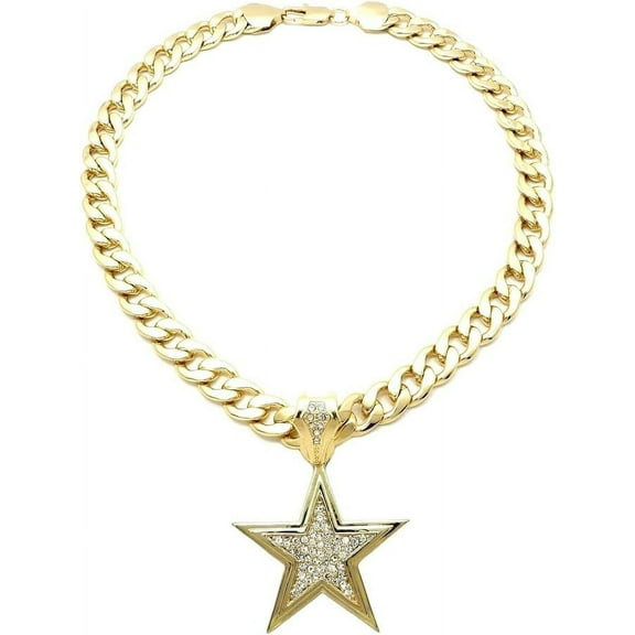 HIP HOP ICED GOLD PLATED CUBIC ZIRCONIA STAR PENDANT & 10mm 20" CUBAN CHAIN JEWELRY NECKLACE SET