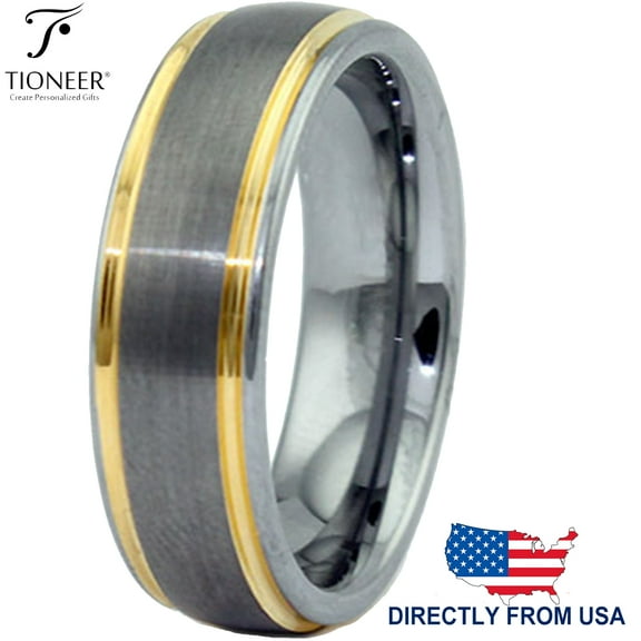 Tioneer Tungsten Carbide Dual Groove Gold Plated Edge Men Women Wedding Band Ring 7MM