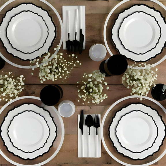 Contemporary White Plates with Black - .5" to 10.5" (Pack of 32) - Sleek Modern Dining Set
