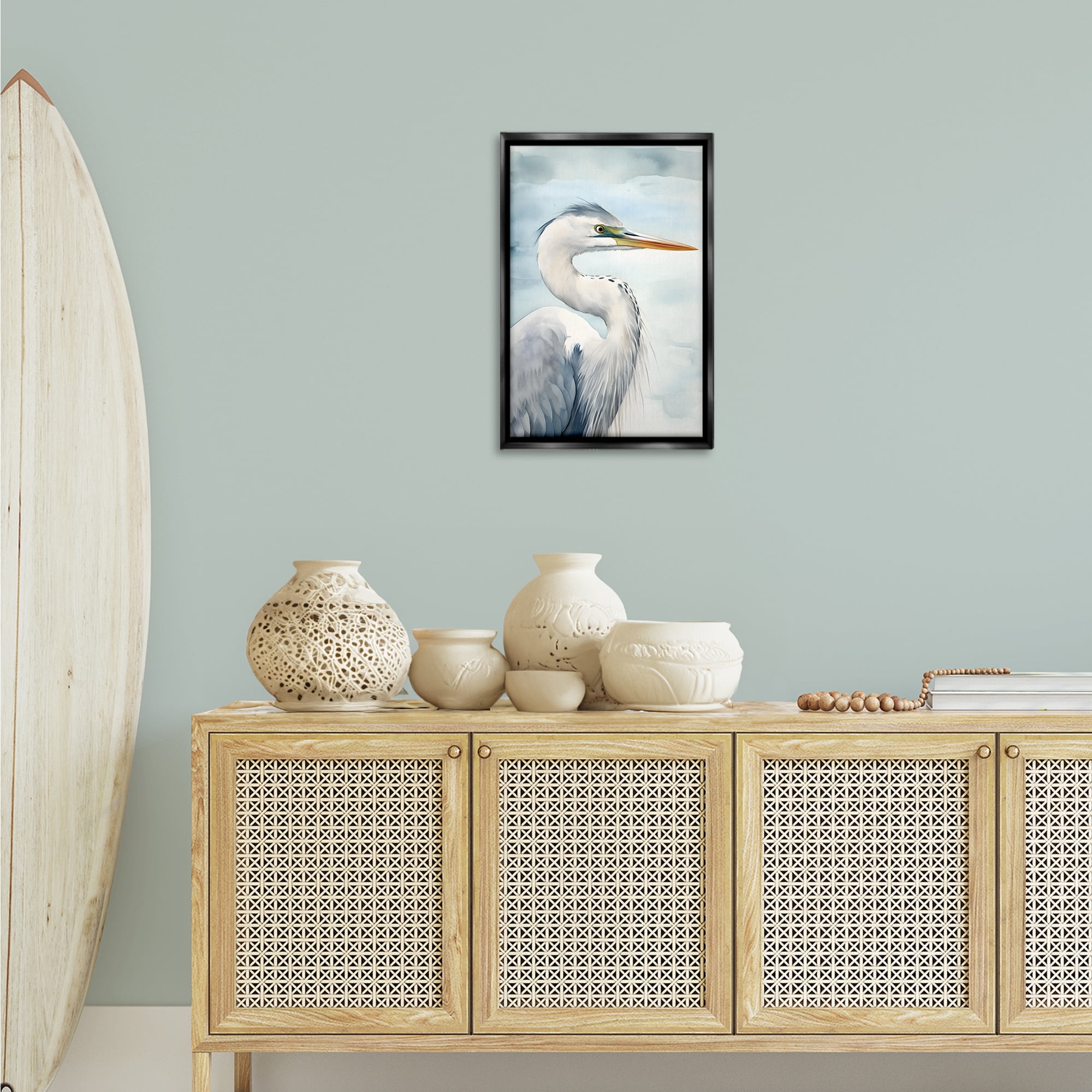 Stupell Industries Serene Beach Bird Animals & Insects Painting Black Floater Framed Canvas Art Print Wall Art, 17 x 25