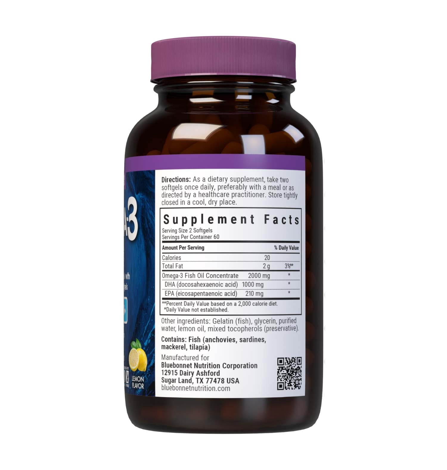 Bluebonnet Omega-3 Brain Formula DHA 1000mg EPA 210mg, Lemon Scent, 120 Softgels