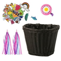 Bicycle Basket Set - Colored Tassels Wicker Front Handlebar Bike Basket with Streamer Bell and Stickers, Bicycle Basket Set of 4 (Black）