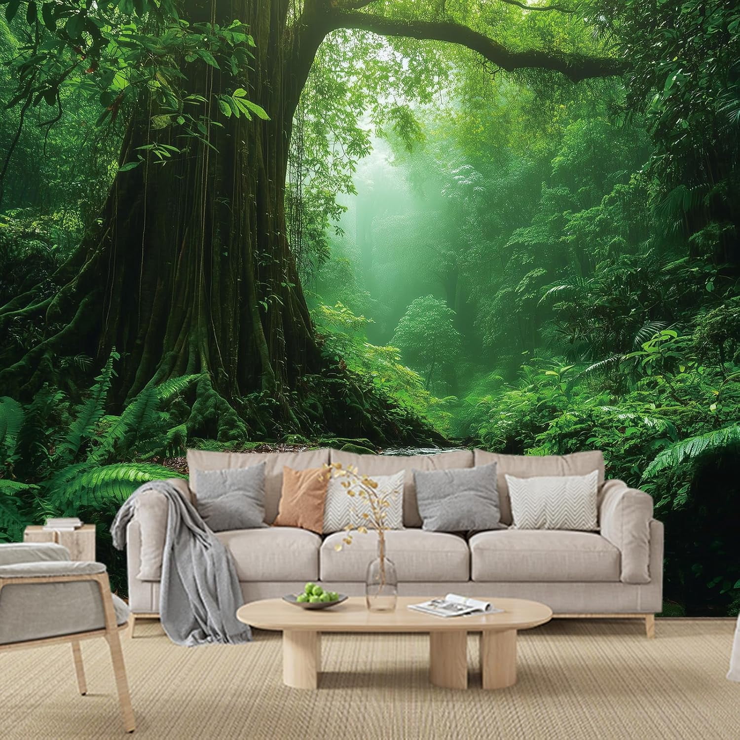 Forest Nature Green Tapestry for Bedroom Decor, Misty Landscape Large Tree Tapestries Wall Mural Hanging, Fantasy Scenic Big Tree Rivers Backdrop