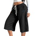 thumbnail image 2 of Corduroy Capri Pants for Women Summer Elastic Waist Drawstring Wide Straight Leg Casual Cropped Pants with Pockets, 2 of 7
