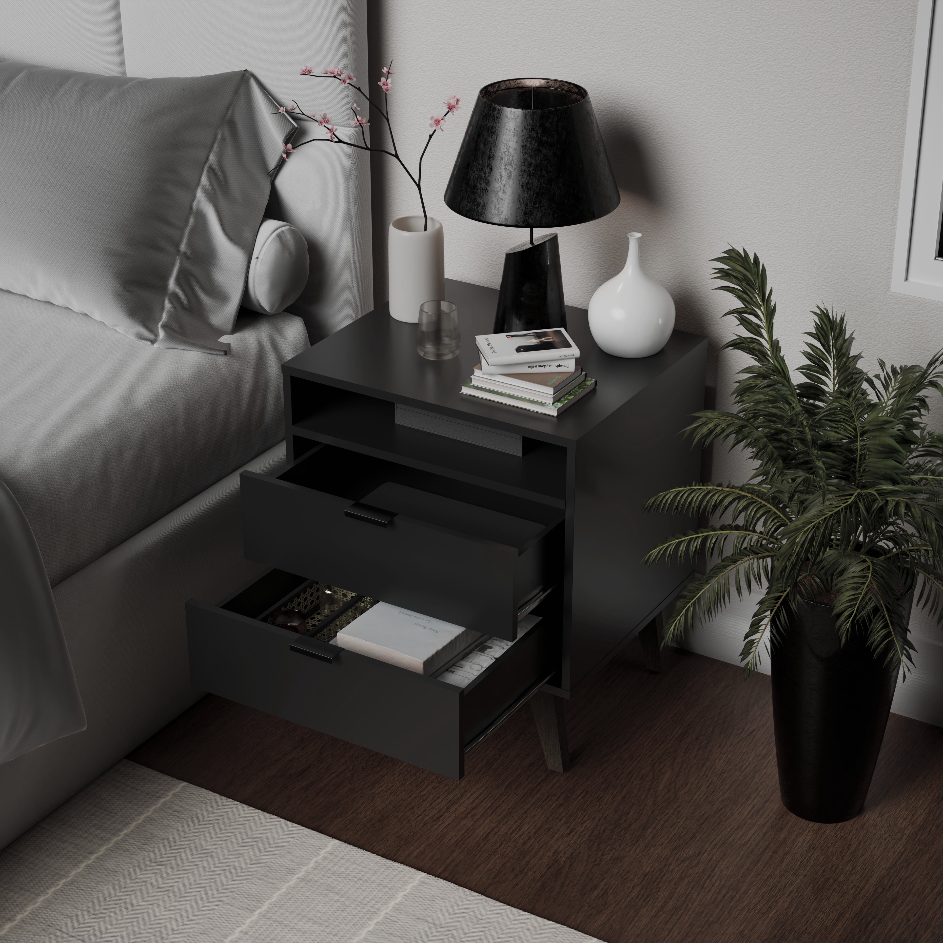 Kappesberg Hanford Black/Walnut 2-Drawer Nightstand with Open Shelf for Adults and Teens
