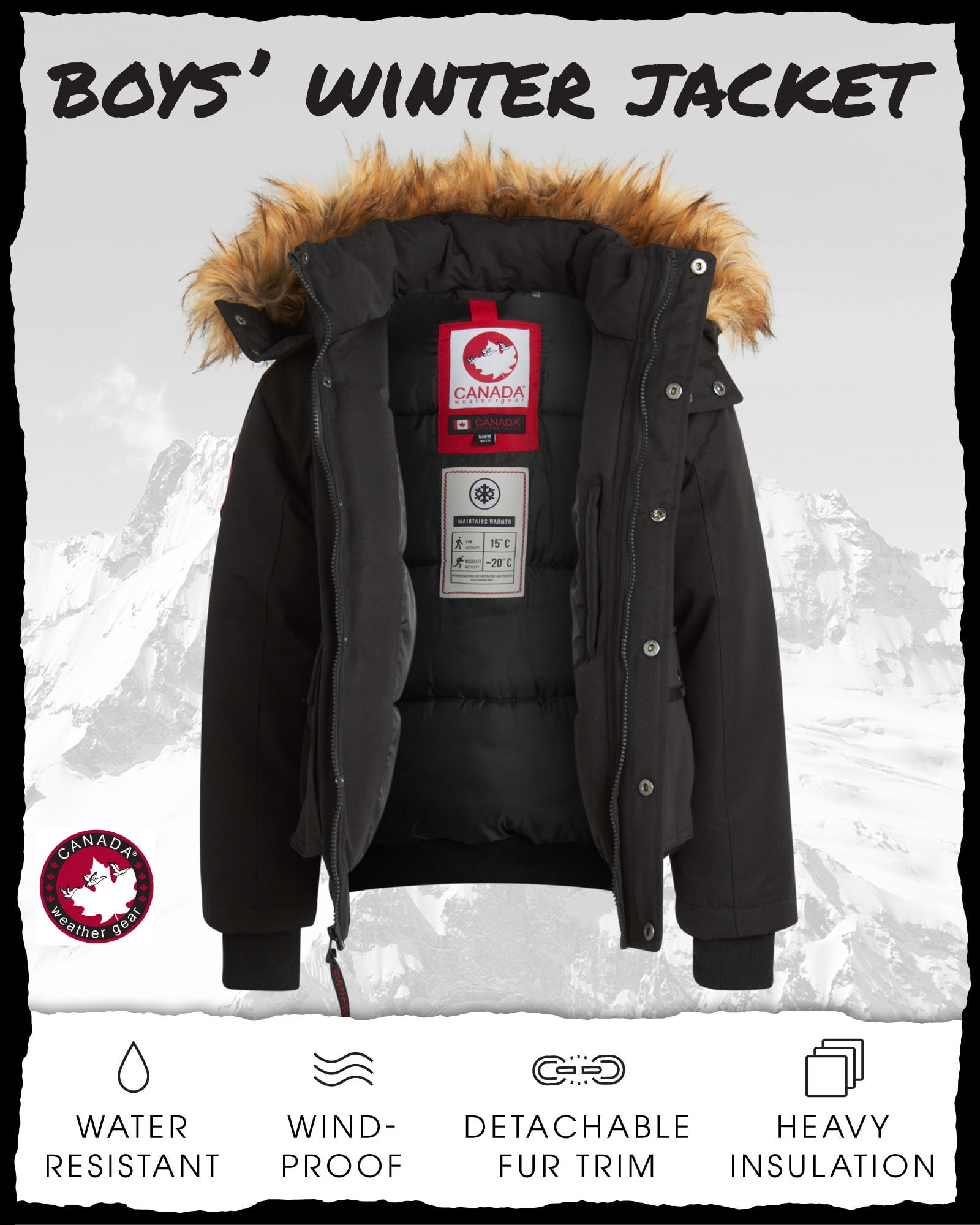 CANADA WEATHER GEAR Boys' Winter Coat - Heavyweight Bomber Parka Ski Jacket (Size: 8-20)