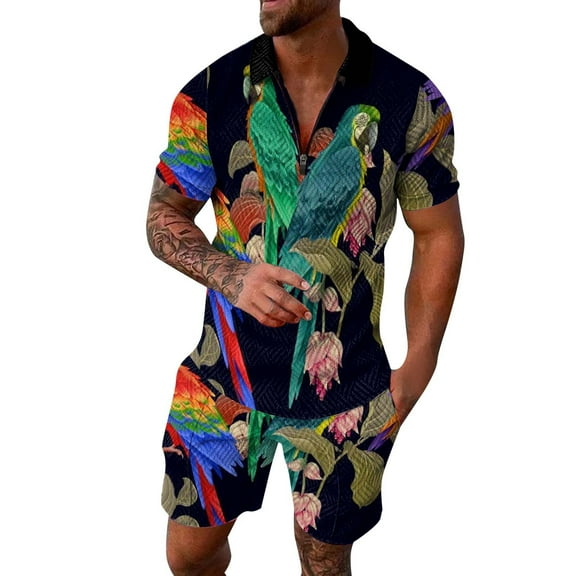 RATTOYY Mens Two Piece Sets Stylish Parrot Printing Zip Drawstring Lapel Shirt Shorts Outfits Male Fashion Casual Comfy Soft Sportwear