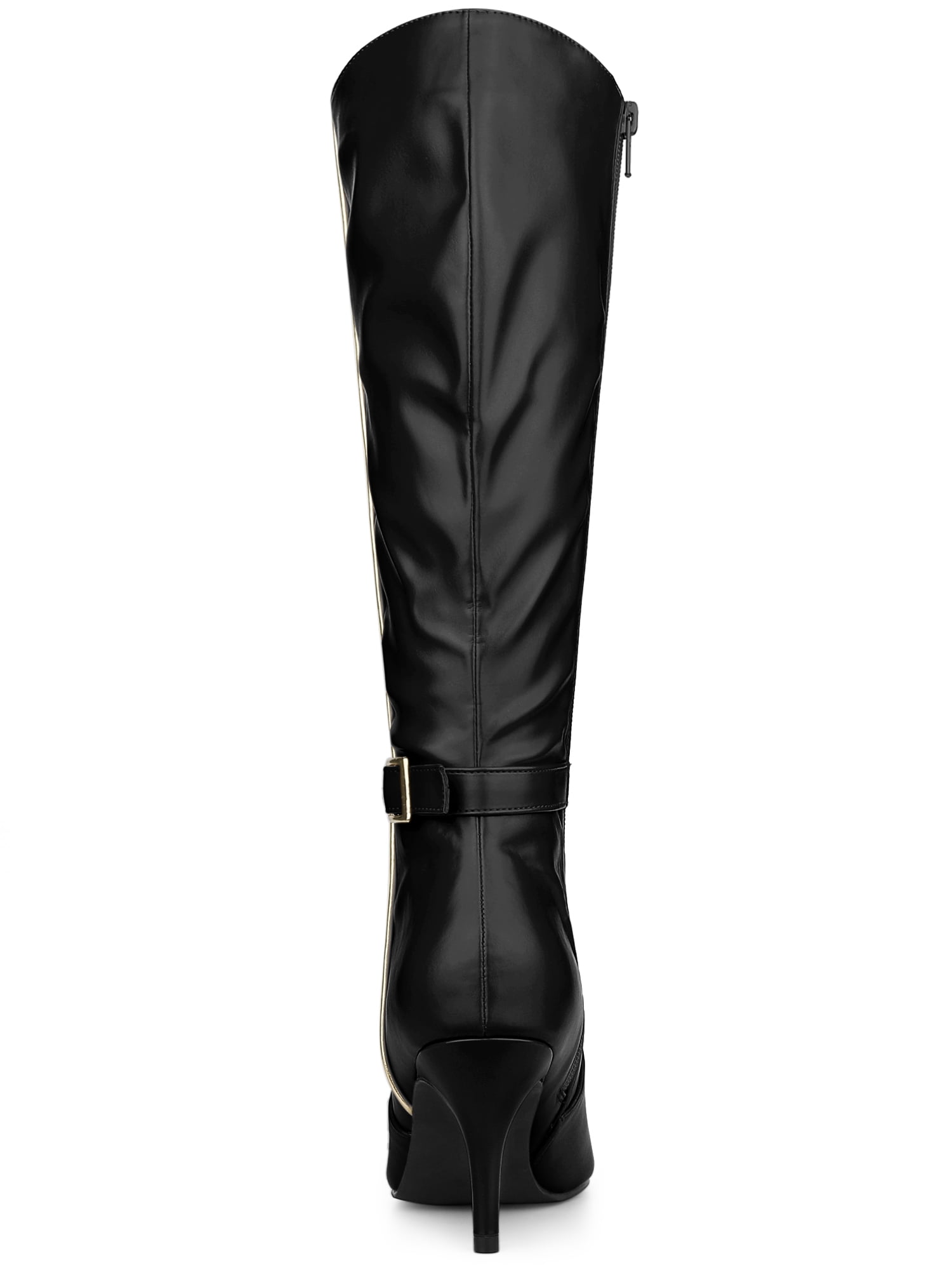 DARING DIVA Women's Pointy Toe Buckle Stiletto Heel Black Knee High Boots Black 8