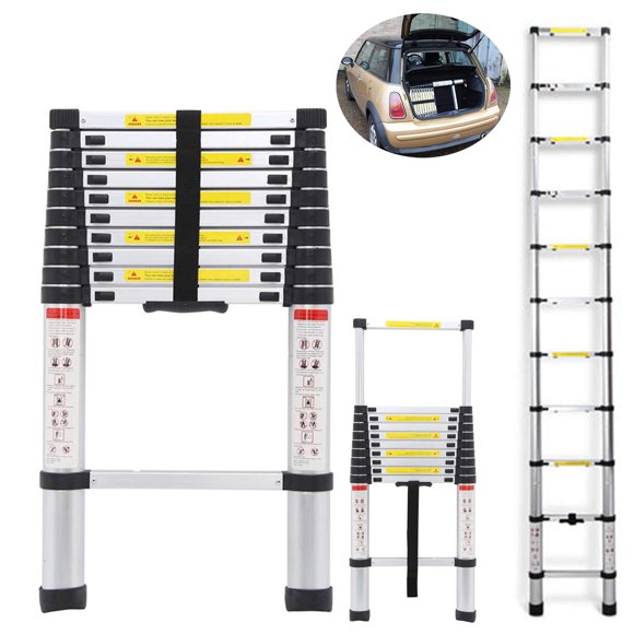 10.5FT Telescopic Ladders Aluminum Extendable Steps 330LB Capacity Straight Ladder for Decoration Outdoor Indoor Portable Compact Lightweight Easy Storage in Car Transport Silver