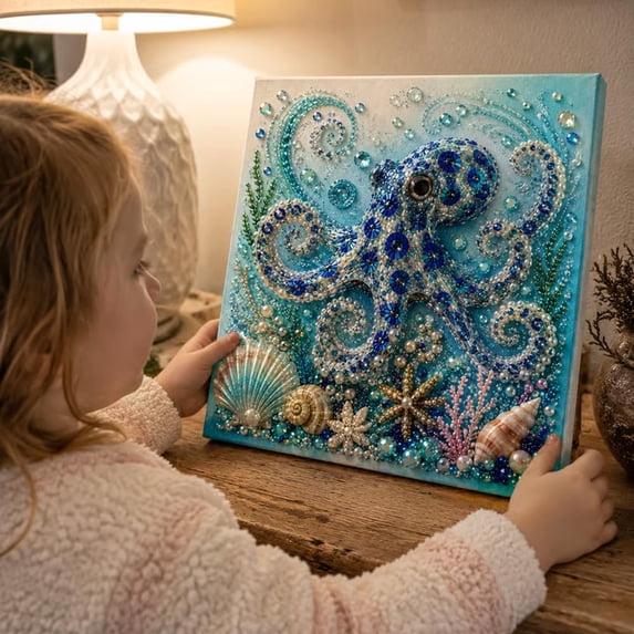 Ocean Theme Pearl Art DIY Kit, 3D Sparkling Coastal Wall Decor,3D Octopus Diamond Painting Craft, Sea Themed Artwork Set for Adults & Beginners, Ocean Lover Gift