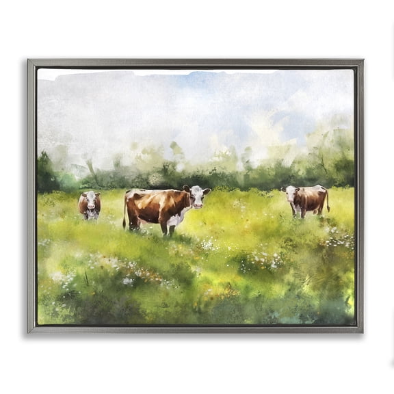 Stupell Industries Cottage Cows in Pasture Watercolor Gray Floating Frame Canvas Art, 21 x 17, by Ziwei Li