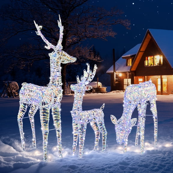 VINGLI Lighted Reindeer Christmas Decoration, 3-Piece Deer Family Set with Pre-lit 270 LED, Christmas Deers for Outdoor Indoor Ornament with Ground Stakes and Zip Ties, Plug-in, Iridescent