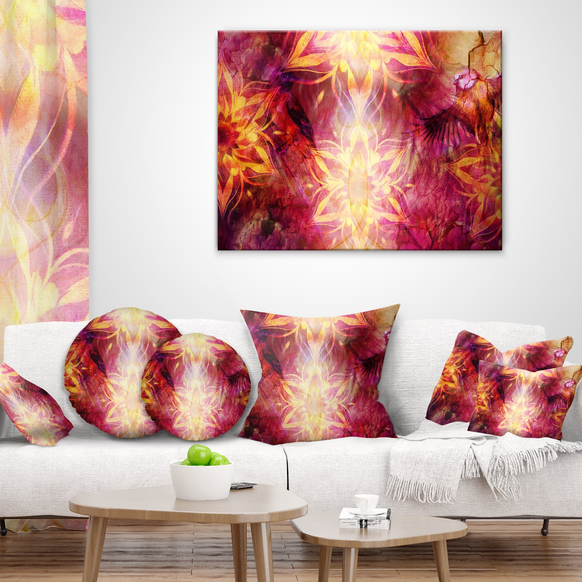 Designart Titmouse Birds and Golden Mandala - Abstract Throw Pillow - 18x18