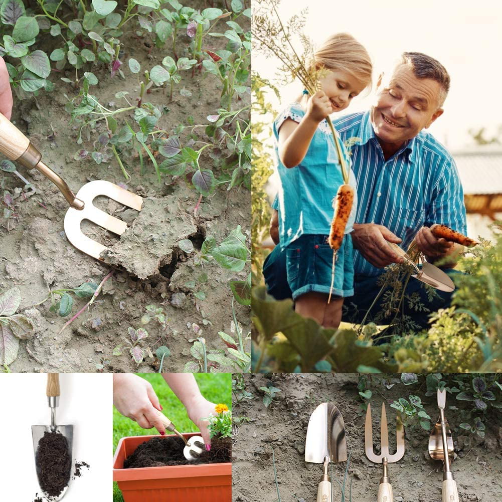 3pc Wood Wooden Gardening Garden Hand Tool Set Cultivator Fork Trowel Shovel Kit 