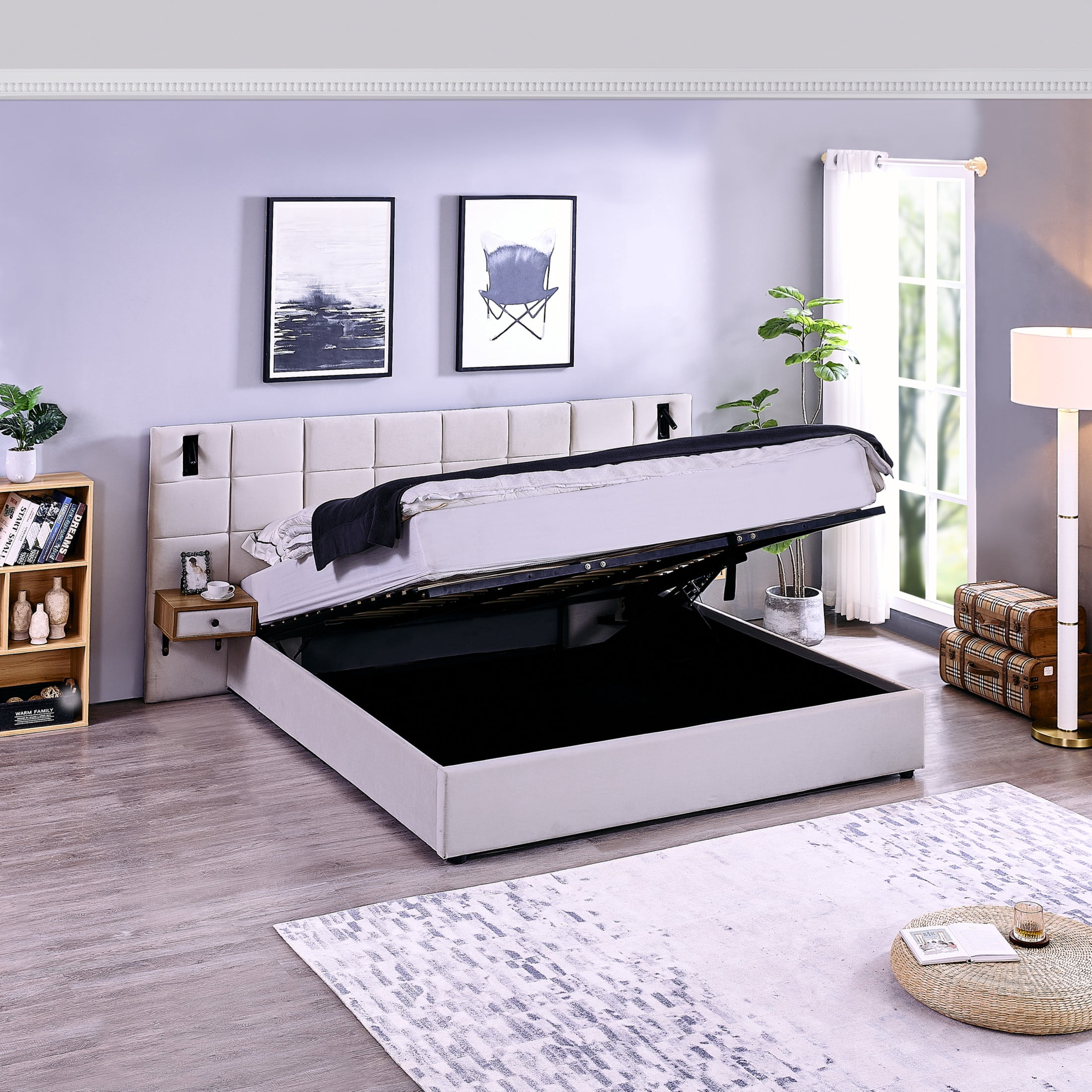 Noble House Derwin King-Size Velvet Storage Bed, Hydraulic Platform Bed Frame with Reading Lamps and USB Port, Beige