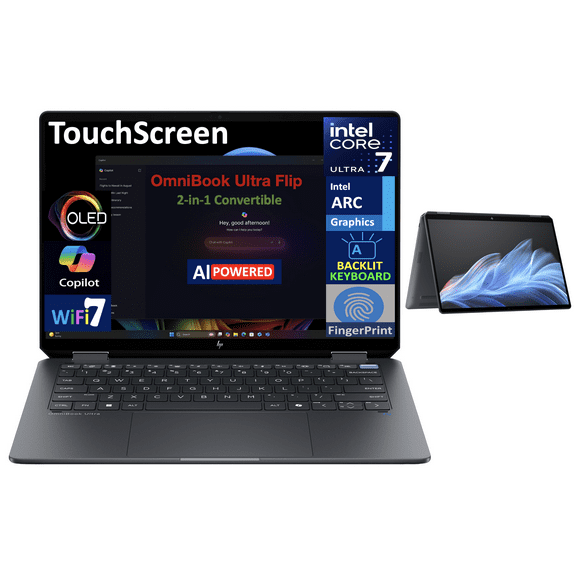 HP OmniBook Ultra Flip AI Powered 2-in-1 Laptop 14.0in Touchscreen OLED 2.8K Display (Intel Ultra 7-256V, 16GB LPDDR5X, 1TB SSD, Backlit KB, Fingerprint, 2 Thunderbolt 4, WiFi 7, Webcam, Win 11 Home)