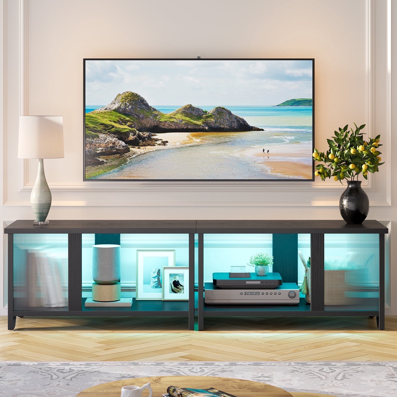 Pinmoco LED TV Stand for TVs up to 65'', Expandable Side by Side or Stacking TV Stand with Storage, Black