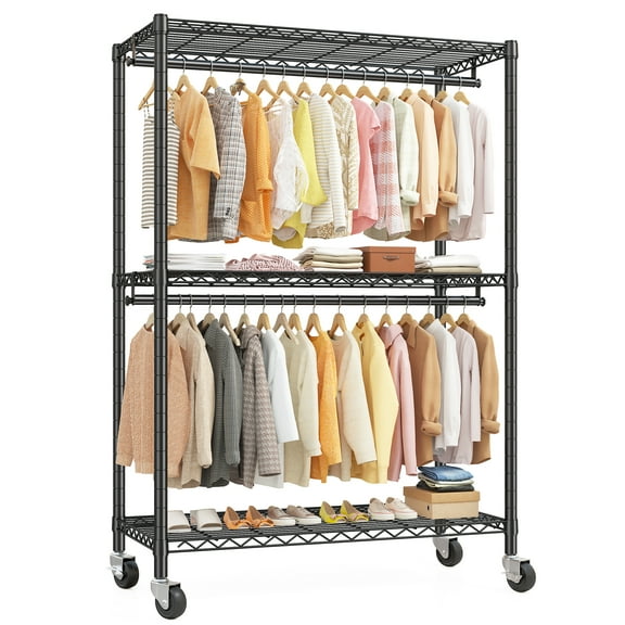 EnHomee Heavy Duty Clothes Rack with Wheels, Portable Closet with 3 Shelves & 2 Hanging Rods, Max Load 500LBS, Black