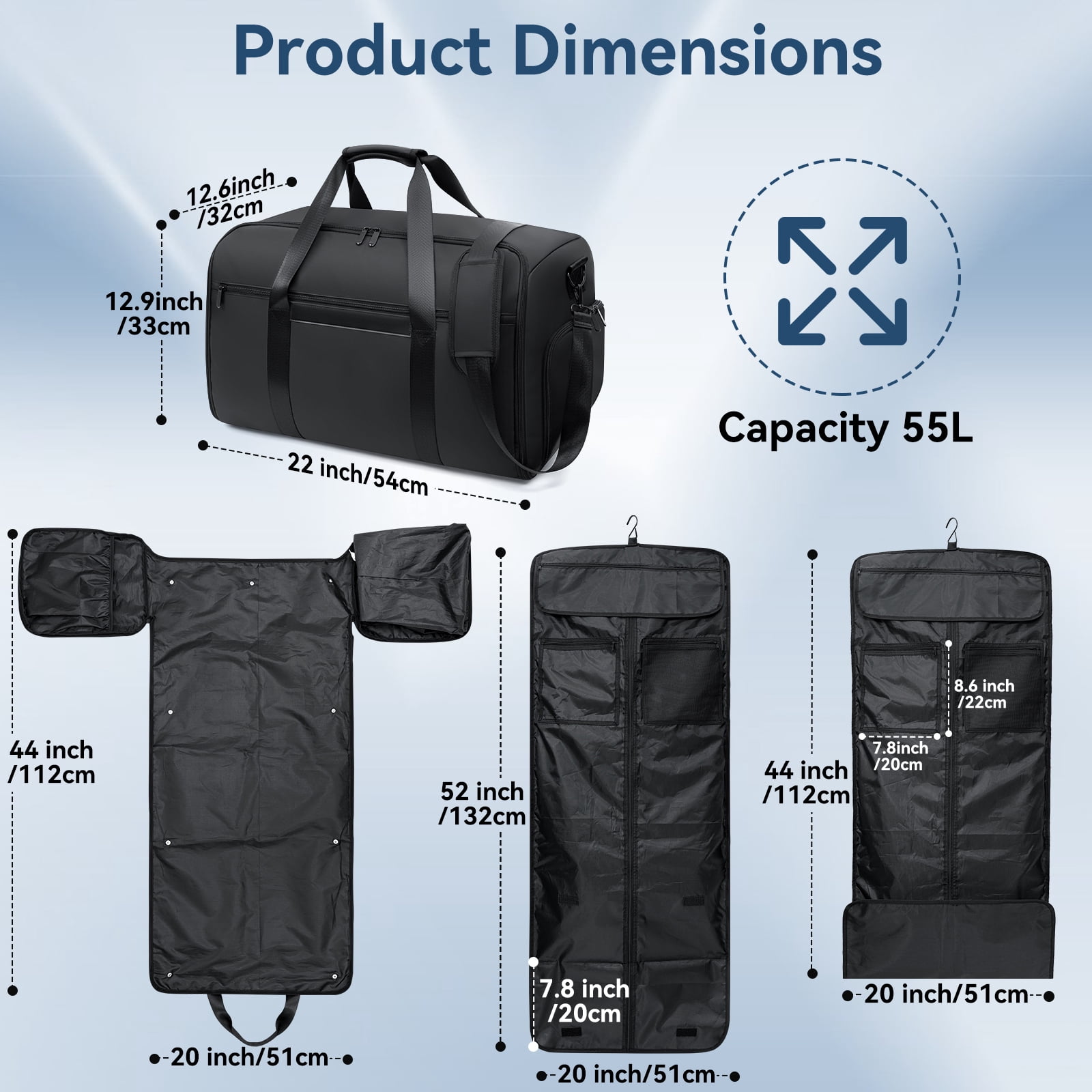 HONEIER Garment Bag for Travel 4 in 1 Waterproof Travel Suit Bag with Shoulder Strap Convertible Garment Duffel Bag with Shoe Compartment for Men Women, Carry on Luggage Bags Gym Bag, Black, 55L