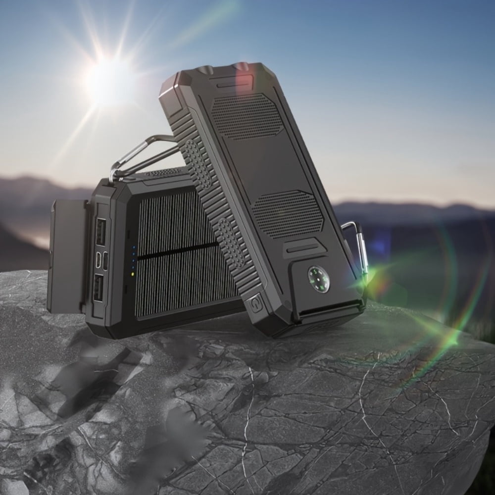 19000mAh Solar Charger Power Bank, Portable Solar Phone Charger, Camping External Battery Charger Suitable for Mobile Phones, 2 USB Ports/LED Flashlight with Compass Suitable for Outdoor Activities
