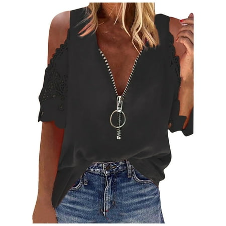 

Shirts for Women Womens Tops Dressy Casual Women Casual Lace Half SleeveＶ-Neck Zipper Hollow Out T-Shirt Blouse Tops Off The Shoulder Tops for Women Savings Clearance Tube Tops for Women Black S