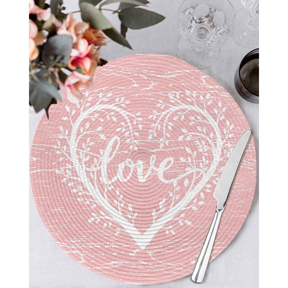 13 Inch Round Placemats Set of 6, Valentine's Day Non Slip Heat Insulation PP Table Mats, Love Branches Vintage Wood Grain Pink Washable Place Mats for Kitchen Dining Party Table Decor