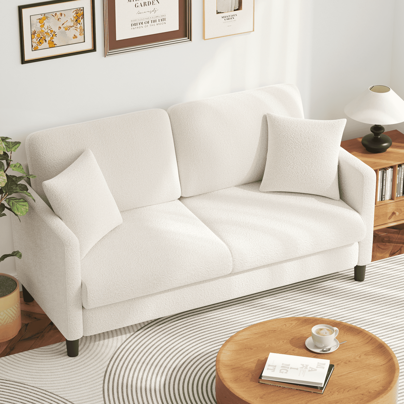 Loveseat Sofa 65 inch Comfy Teddy Fleece Love Seat Couch Neche Extra Deep Seats Sofas Tool Free Setup Couch with 2 Pillows for Living Room Small Space