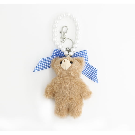 U Style Teddy Bear Keychain with Blue Gingham Bow