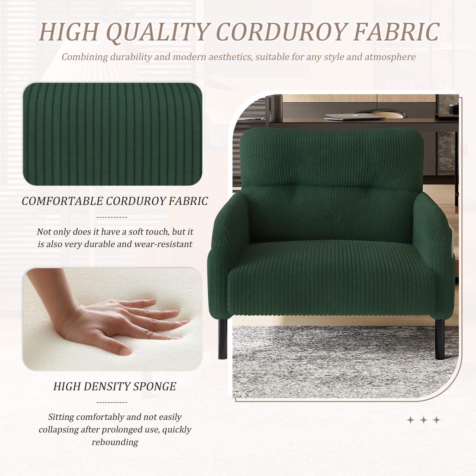 MOONMISS Corduroy Upholstered Comfortable Single Wood Frame Armchair for Living room and Bedroom-Emerald