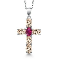 Gem Stone King 925 Sterling Silver Peach Morganite and Red Created Ruby Cross Pendant Necklace for Women | 3.00 Cttw | Gemstone October Birthstone | Oval 6X4MM | With 18 inch Chain