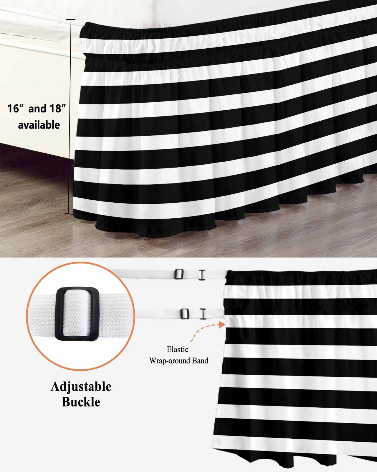 Black Striped Wrap Around Bed Skirts for Queen Bed 18" Drop,Bed Skirt with Adjustable Elastic Belt Dust Ruffle Bed Valance for Bedroom Hotel Modern Simple Monochrome Geometric White Bed Frame Cover